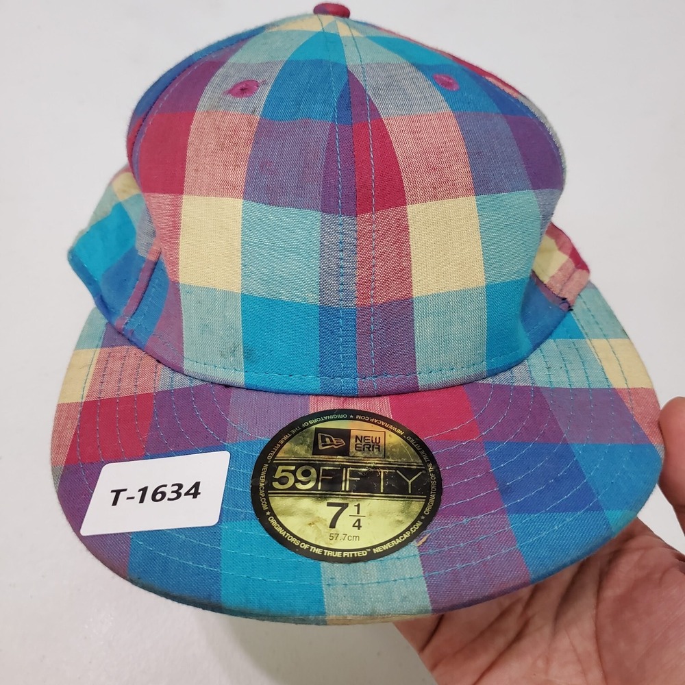 New Era Men Hat 7 1/4 Blue Plaid Woven‎ Mix Multi Cap Logo Embroidered NWT
